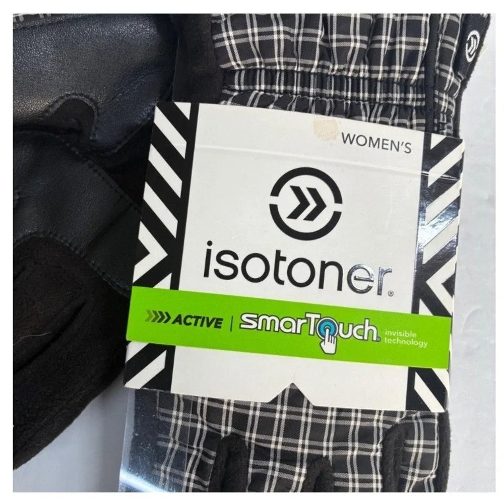 Isotoner Womens SmartTouch Plaid Active Gloves Black White M/L Winter Chic‎